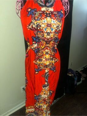 Red Halter Maxi Dress with Intricate Medallion Print
